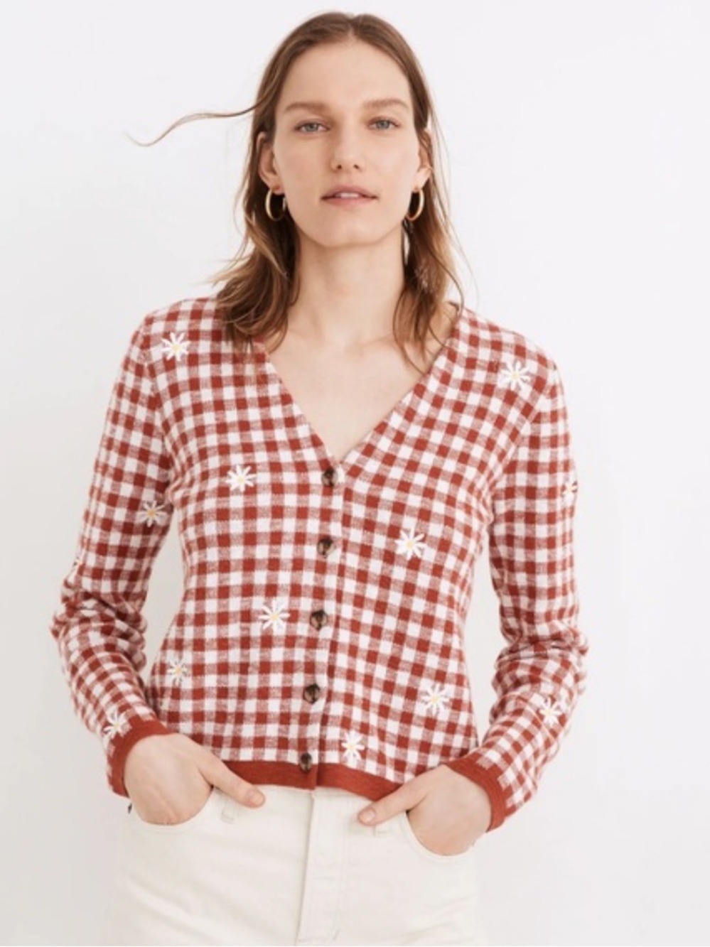 Madewell Red and Cream Gingham Daisy-Embroidered V‑Neck Cardigan